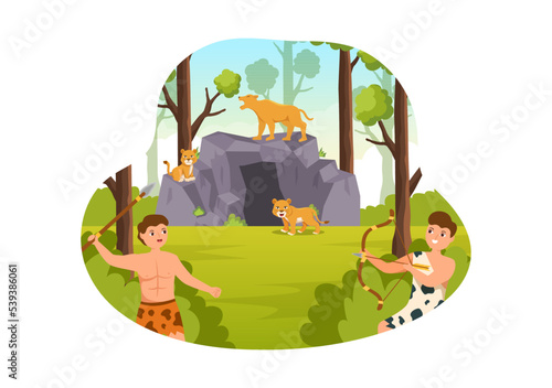 Prehistoric Stone Age Tribes Hunting Large Animals with Weapon in Flat Cartoon Hand Drawing Template Illustration