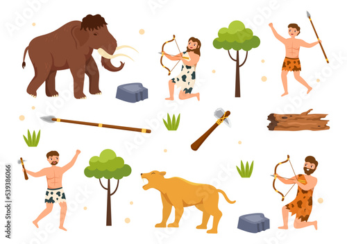 Prehistoric Stone Age Tribes Hunting Large Animals with Weapon in Flat Cartoon Hand Drawing Template Illustration
