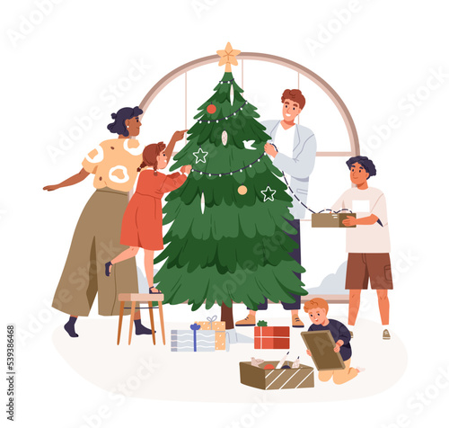 Family with kids decorating Xmas tree. Happy mother, father, children preparing festive decoration, Christmas fir for winter holiday at home. Flat vector illustration isolated on white background
