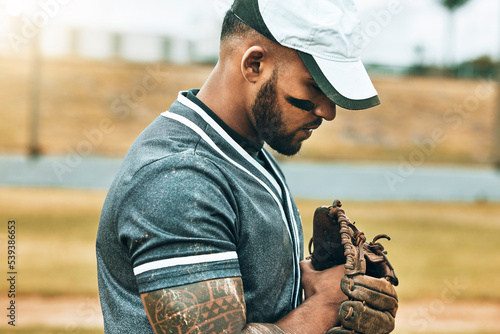 Photography Man, baseball and glove with focus, game and determination as fielder, pitcher or baseball player