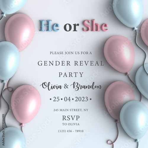  Invitation for gender reveal party. He or she postcard. Baby shower announcement banner in soft pink and blue pastel colours background, 3d. Boy or girl, trending illustration trending