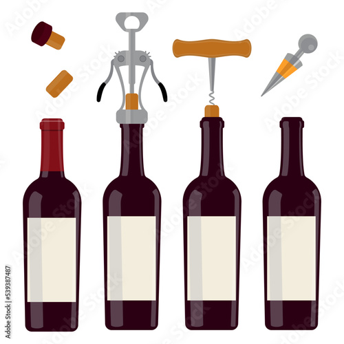 A set of open and closed wine bottles. A set of bottle caps. Corkscrew. Vector illustration.