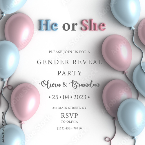  Invitation for gender reveal party. He or she postcard. Baby shower announcement banner in soft pink and blue pastel colours background, 3d. Boy or girl, trending illustration trending