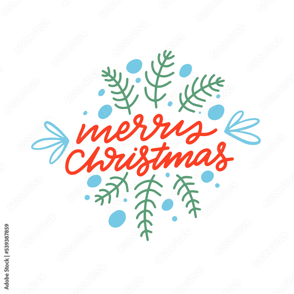 Merry Christmas greeting card. Hand drawn colorful cartoon style vector illustration.
