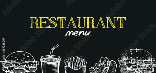 Fast food menu icons skech style. Menu poster design with chalkboard elements. Can be used for layout, banner, web design, brochure template. Vector illustration.