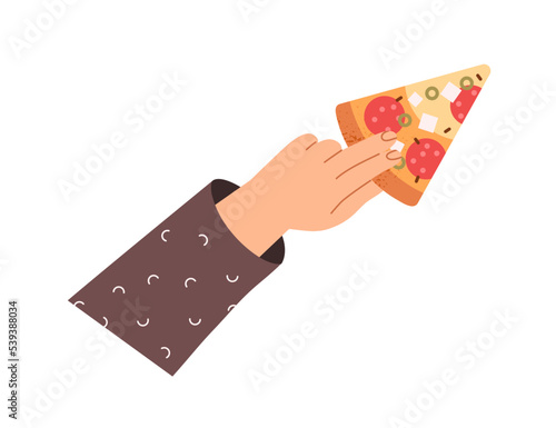 Salami pizza piece in hand. Arm holding, taking cut triangle slice of Italian fast food, snack with cheese, pepperoni, feta, olives, top view. Flat vector illustration isolated on white background