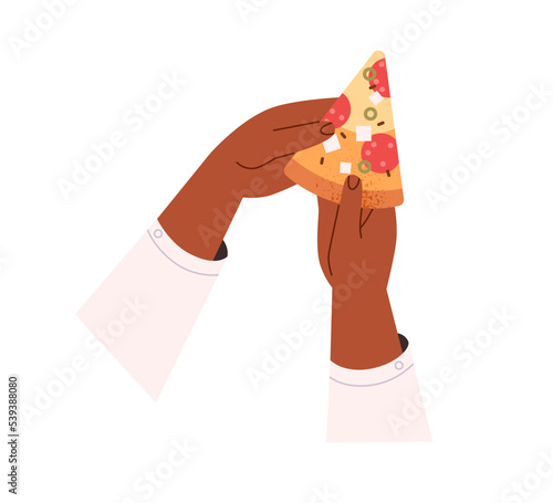 Triangle pizza piece with salami sausage. African-American hands taking, holding cut Italian snack, food slice with pepperoni and cheese. Flat vector illustration isolated on white background