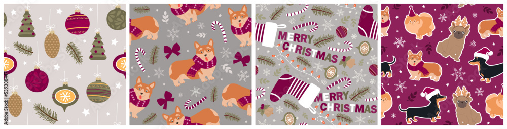 Set of Christmas seamless patterns with the cutest funny dogs. Modern vector illustrations for wrapping paper, wallpapers, fabrics, postcards.