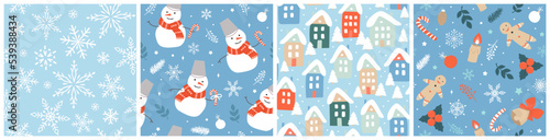 Set of seamless cute Christmas patterns. Modern flat vector illustrations for wrapping paper, fabrics.
