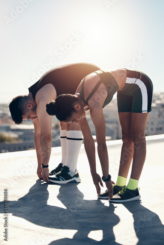 Stretching, fitness couple or outdoor personal trainer runner friends on lens flare, summer blue sky mock up for workout motivation. Sports coaching, flexibility and exercise warmup training people