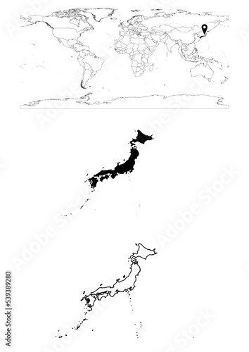 Vector Japan map  map of Japan showing country location on world with solid and outline maps for Japan on white background. File is suitable for digital editing and prints of all sizes.