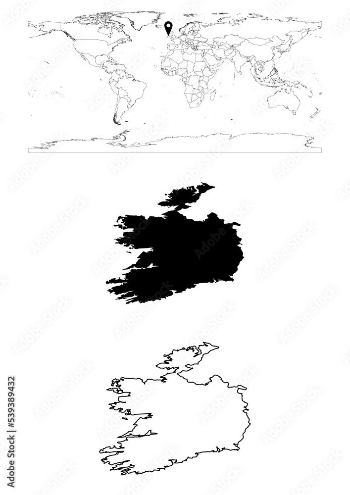 Vector Ireland map, map of Ireland showing country location on world with solid and outline maps for Ireland on white background. File is suitable for digital editing and prints of all sizes.