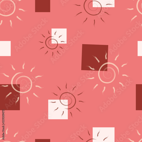 Soft beige spiral circles with brown and beige squares on a soft red background. Abstract seamless pattern.