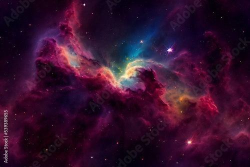 Beautiful nebula in multiple colors surrounded by sparkling stars. Conceptual digital science fiction art.