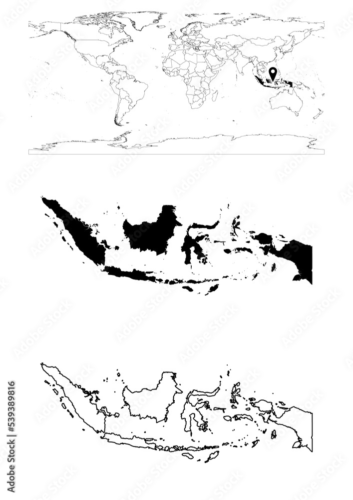 Vector Indonesia map, map of Indonesia showing country location on world with solid and outline maps for Indonesia on white background. File is suitable for digital editing and prints of all sizes. Vector Indonesia map, map of Indonesia showing country location on world with solid and outline maps for Indonesia on white background. File is suitable for digital editing and prints of all sizes.