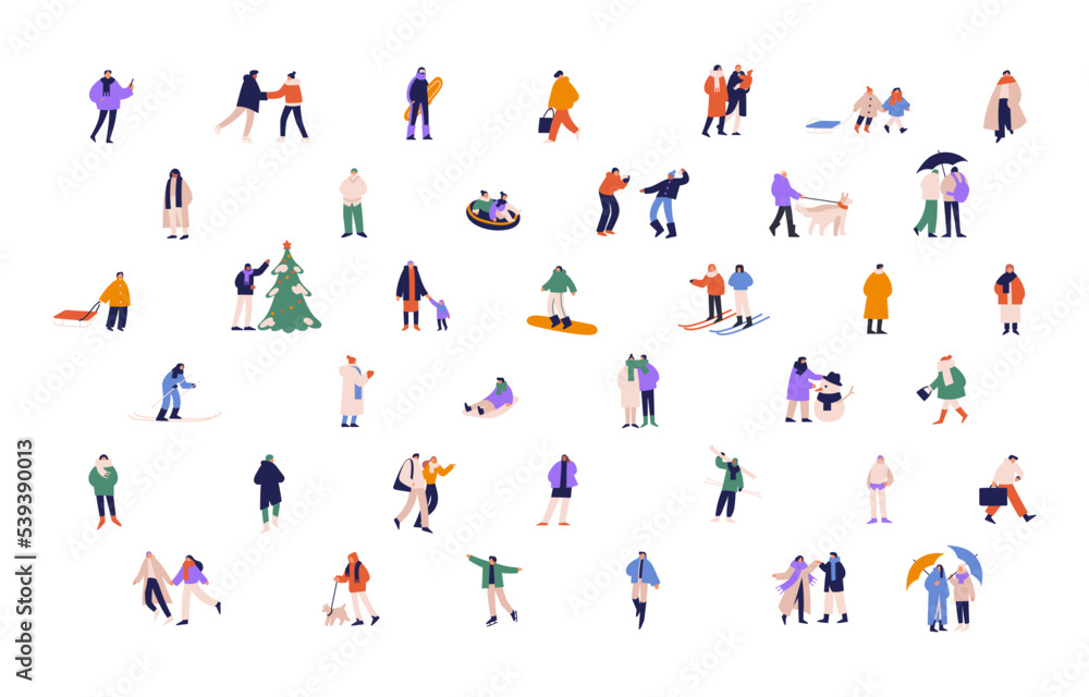 People on winter holidays set. Active characters during wintertime fun, entertainments. Couples, families and kids skating, skiing, walking. Flat vector illustrations isolated on white background