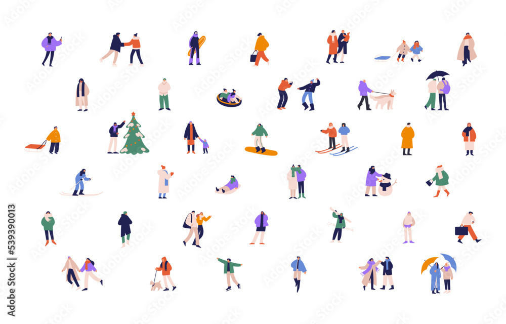 People on winter holidays set. Active characters during wintertime fun, entertainments. Couples, families and kids skating, skiing, walking. Flat vector illustrations isolated on white background People on winter holidays set. Active characters during wintertime fun, entertainments. Couples, families and kids skating, skiing, walking. Flat vector illustrations isolated on white background