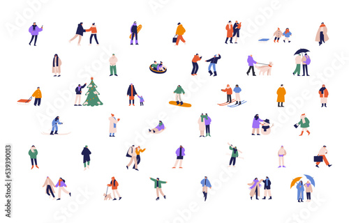 People on winter holidays set. Active characters during wintertime fun  entertainments. Couples  families and kids skating  skiing  walking. Flat vector illustrations isolated on white background