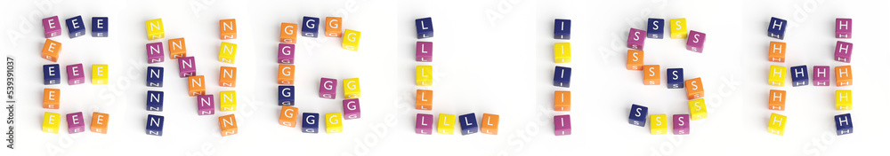 ENGLISH headline from colored cubes on white background 3d illustration. English language course or training title ENGLISH headline from colored cubes on white background 3d illustration. English language course or training title