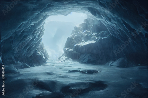 Fantasy chilly Permanent Frost caves. Glowing Unsettling Ice Pillars. Scary Scenery. Landscape Background.