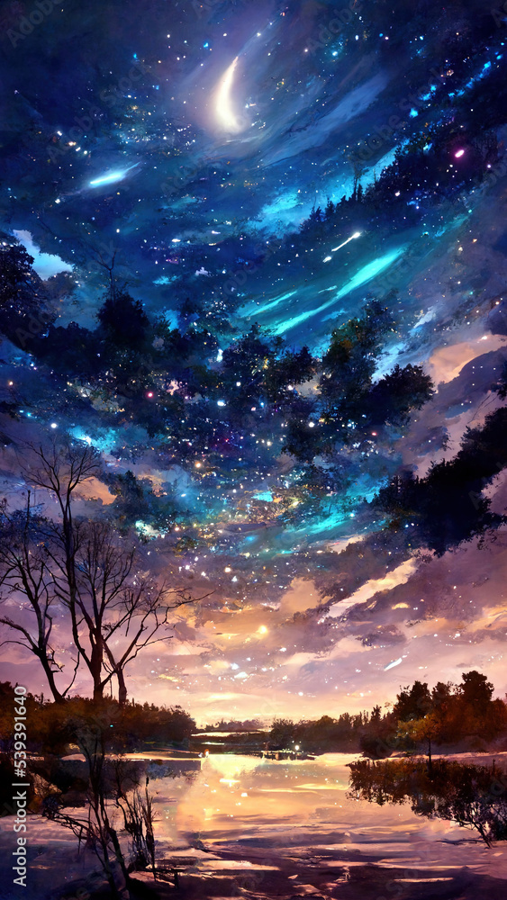 Galaxy Nebula Cloud, Beautiful Atmosphere in Evening. Lake with reflection. Fantasy Japanese Anime Abstract Style Landscape Background Illustration. Galaxy Nebula Cloud, Beautiful Atmosphere in Evening. Lake with reflection. Fantasy Japanese Anime Abstract Style Landscape Background Illustration.