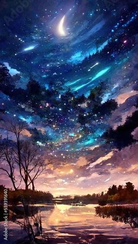 Galaxy Nebula Cloud  Beautiful Atmosphere in Evening. Lake with reflection. Fantasy Japanese Anime Abstract Style Landscape Background Illustration.