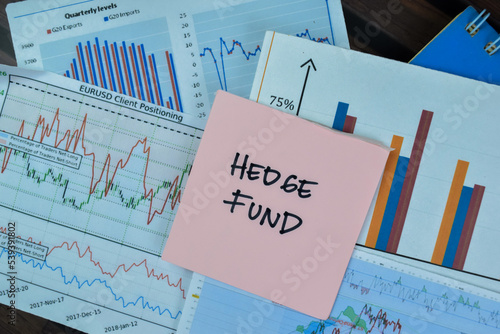 Concept of Hedge Fund write on sticky notes isolated on Wooden Table.