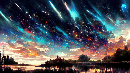 Galaxy Nebula Cloud  Beautiful Atmosphere in Evening. Lake with reflection. Fantasy Japanese Anime Abstract Style Landscape Background Illustration.