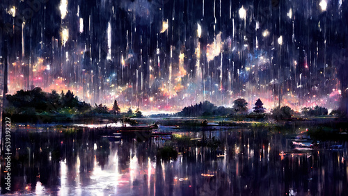 Rain with Cloud  Beautiful Atmosphere. Lake with reflection. Fantasy Japanese Anime Abstract Style Landscape Background Illustration.