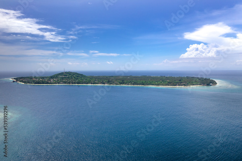 Aerial view of Gili Trawangan -  coral tropical island located at West Nusa Tenggara area, Indonesia