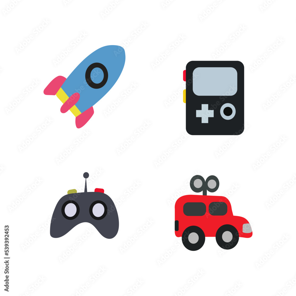 Baby toy set. Cute objects for little ones to play with, wooden and plastic toys, stuffed animals, fun and activities. for vector illustration