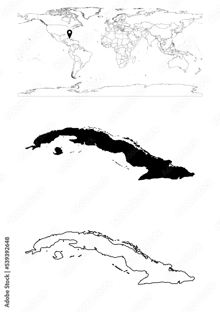 Vector Cuba map, map of Cuba showing country location on world with