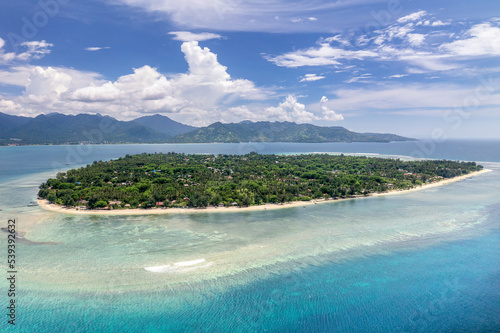 Aerial view of Gili Air coral tropical island located at West Nusa Tenggara area, Indonesia