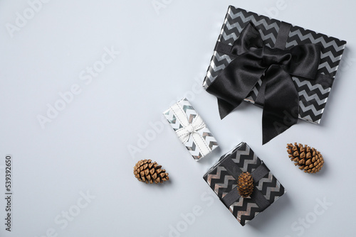 Concept of beautiful Christmas present, gift boxes, space for text
