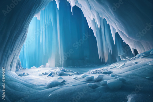 Fantasy chilly Permanent Frost caves. Glowing Unsettling Ice Pillars. Scary Scenery. Landscape Background.