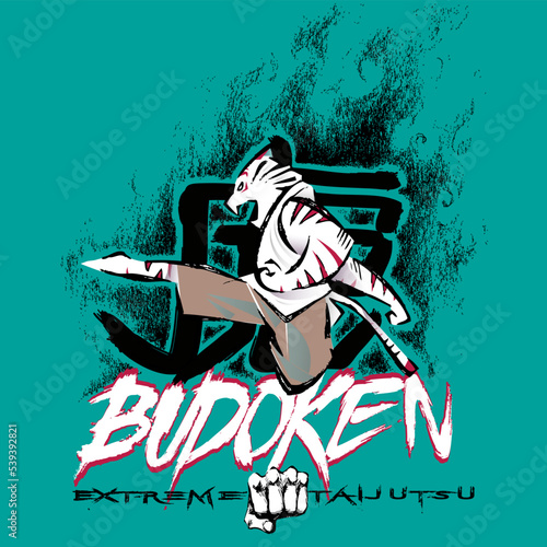 White tiger, mascot of a martial arts school doing a flying kick, in the background a japanese symbol and some text. Animal sport illustration concept.