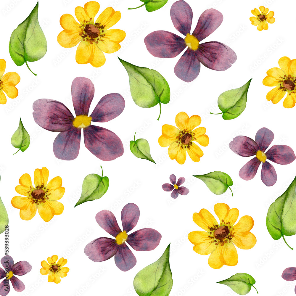 Obraz premium Watercolor hand drawn seamless pattern with green plants, flowers and leaves, isolated on white background. Design for cards, gift bags, invitations, textile, print, wallpaper, for children