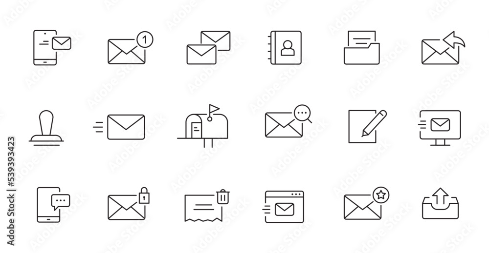 Email line icon set. Letter send, mail contact, message secure editable outline icon. Vector illstration.