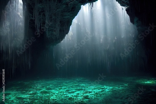 Leinwand Poster Deep underwater cave with stalactites landscape