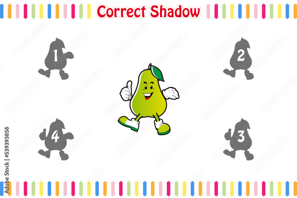 Fototapeta premium Children games find the correct shadow Fruit Mascot, Matching Game for kids, Educational children game printable worksheet, Vector illustration cartoon style