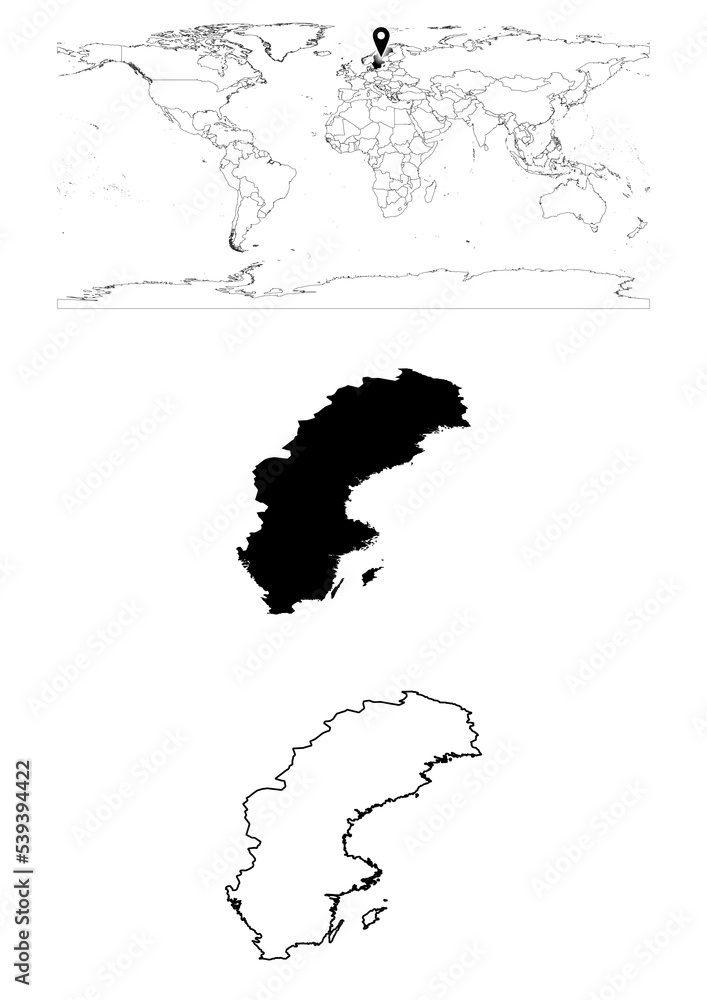 Vector Sweden map, map of Sweden showing country location on world with solid and outline maps for Sweden on white background. File is suitable for digital editing and prints of all sizes.