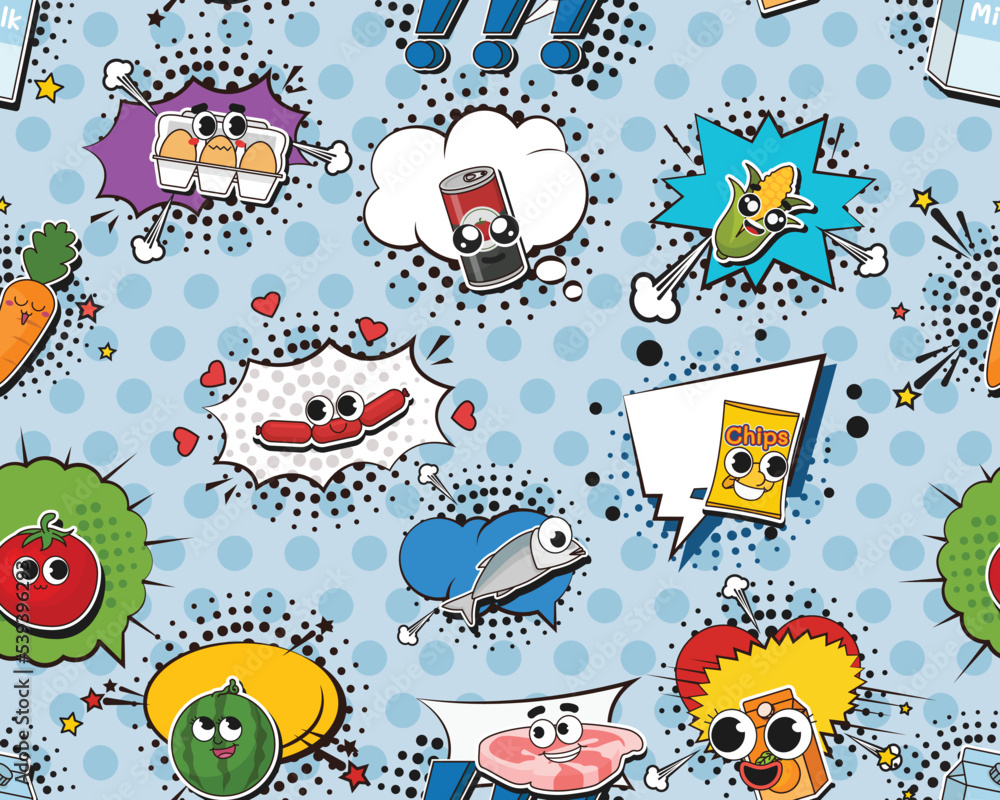 Vector flat seamless texture pattern Hand drawn flat trendy cartoon elements collection Grocery Vector flat seamless texture pattern Hand drawn flat trendy cartoon elements collection Grocery