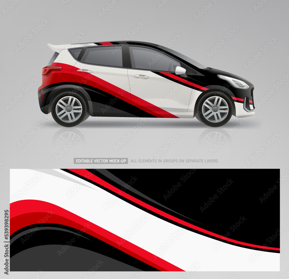 Company branding Car sticker wrap design. Brand identity vehicle. Abstract graphics of stripes Wrap, sticker and decal design for services van and racing car. Editable vector template