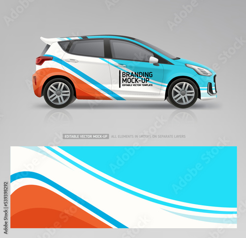 Company Vehicle and branding sticker wrap design. Abstract graphics corporate identity for company car. Corporate Car mockup. Branding vehicle mockup. Sport car wrap design. Editable vector template
