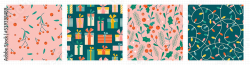 Christmas seamless pattern collection. Cute flat berry, gift box, lights and floral backgrounds for wrapping paper and other Xmas design. Sparkling festive wallpapers for New Year celebration.