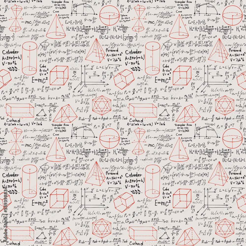 Hand-drawn mathematical seamless pattern with red geometrical figures, black handwritten formulas, equations and plots. Vector repeating background in style of scientist notebook or student copybook