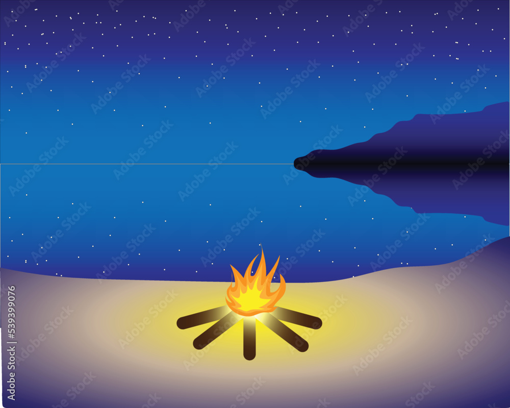 Naklejka premium vector atmosphere of the sea at night with flames by the lake