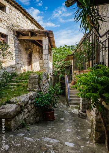 Fototapeta Naklejka Na Ścianę i Meble -   The narrow cobblestone street of the medieval village of Balazuc in the South of France (Ardeche)
