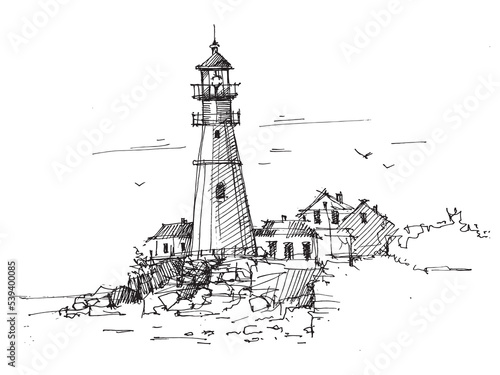 Line drawing of a lighthouse. Architectural sketch. Vector illustration. Lighthouse near the sea