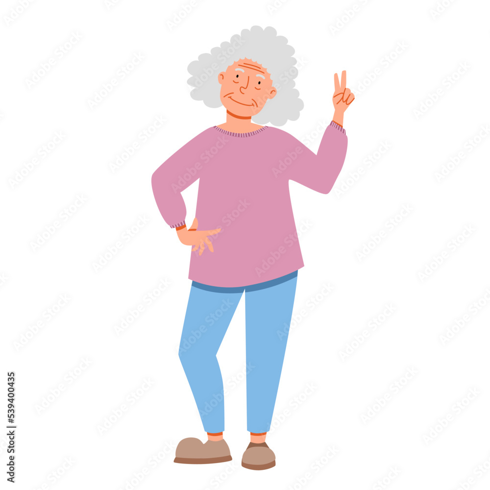 An elderly woman poses with a smile and shows two fingers. Flat vector illustration in cartoon style. An elderly woman poses with a smile and shows two fingers. Flat vector illustration in cartoon style.